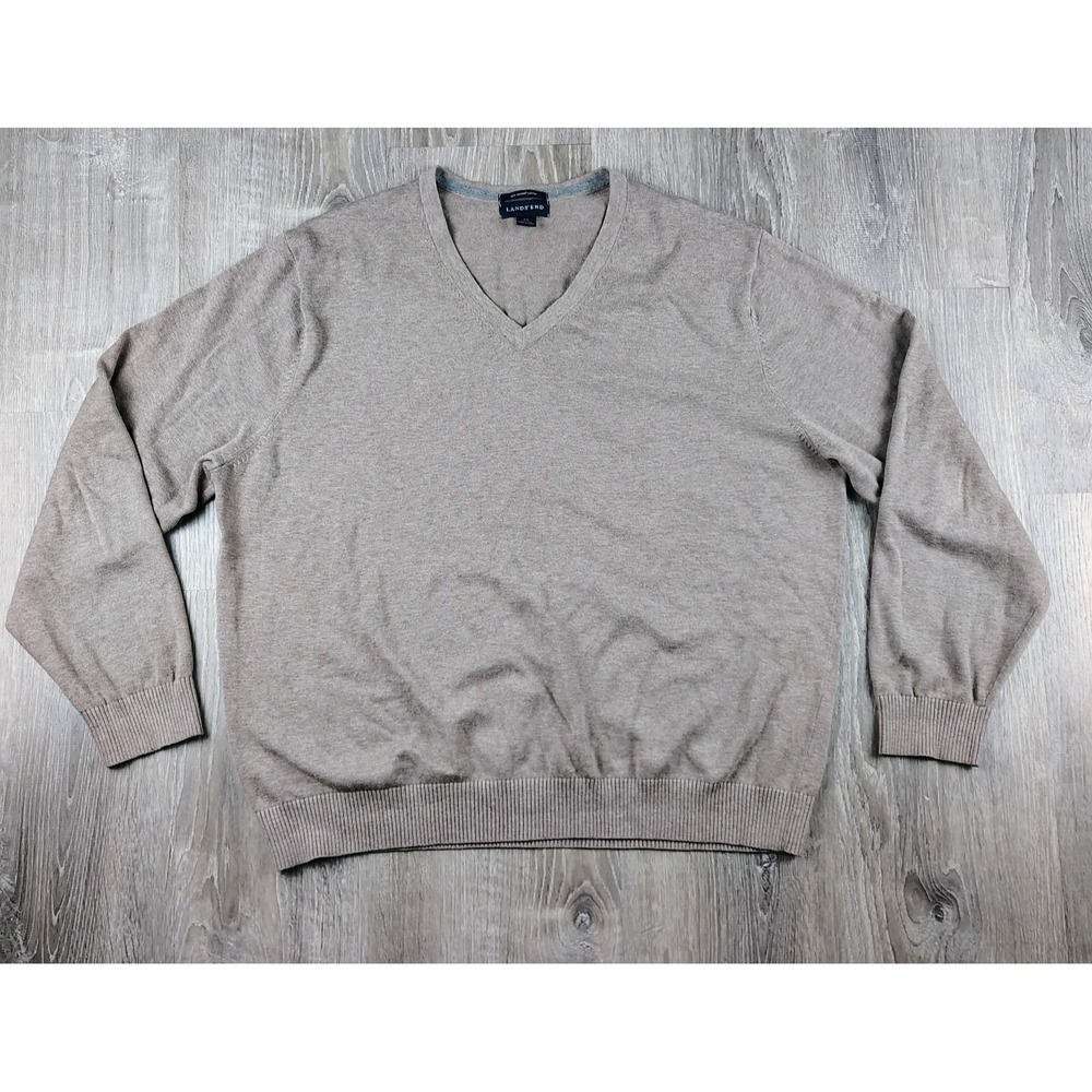 Lands End V-Neck Sweater Men's XL (46-48) Beige Supima Cotton Pullover Grandpa